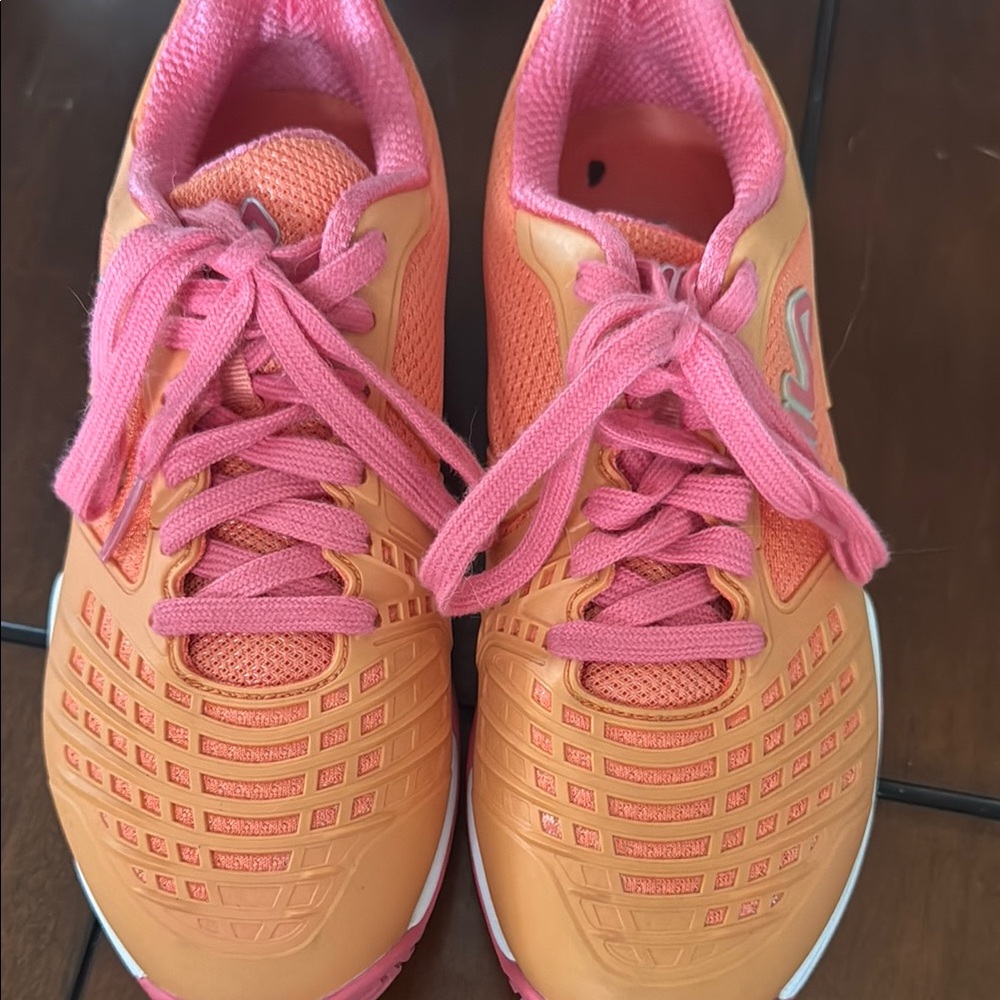 Tennis shoes. Fila Women's Vibrant Orange and Pink Athletic Shoes